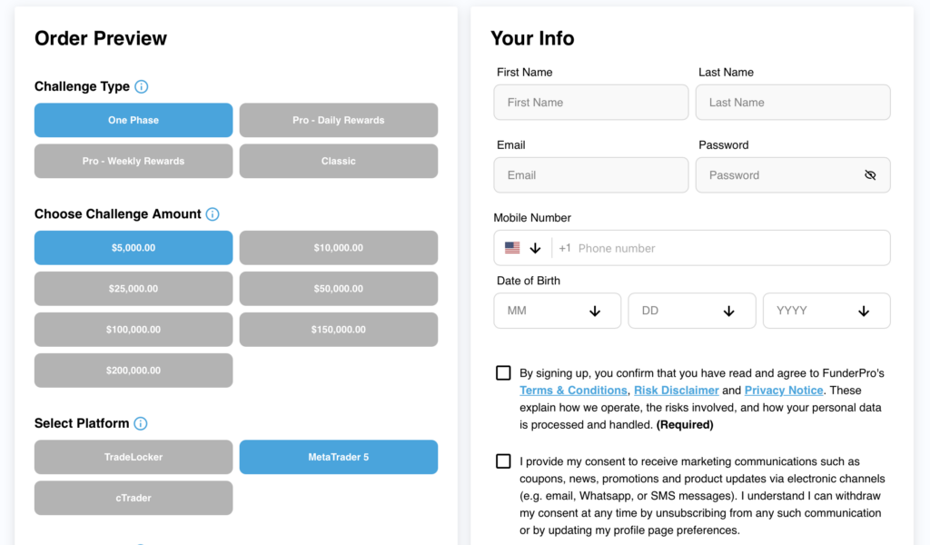 FunderPro proprietary trading platform, challenges, dashboard, and rules - Preview 2